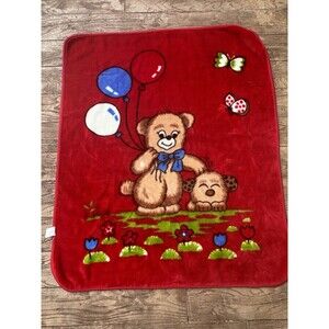 VTG Baby Blanket Teddy Bear Balloons Puppy  Butterfly Mink Plush RED RaRe READ T